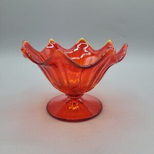 Vintage Amberina Glass Pedestal Bowl With Ruffled Edge Eight Petals